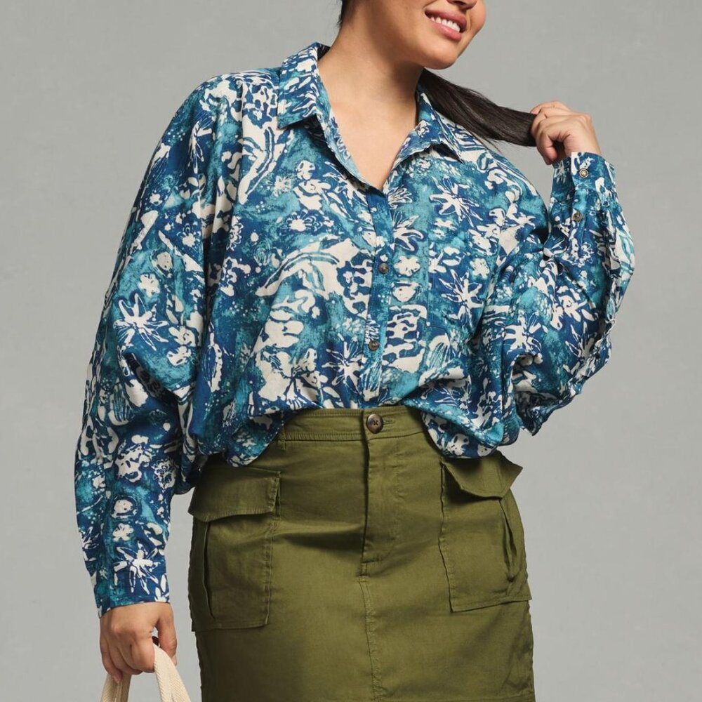 Anthropologie Pilcro Batwing Blouse Blue Floral - 2X